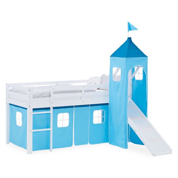 Lit mezzanine 90x200cm avec toboggan  tour et rideau pin bleu