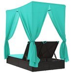 vidaXL Chaise longue double avec toit et rideaux noir résine tressée