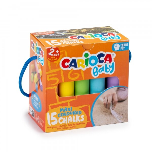 Carioca Maxi Multicolor Baby Craies Lot de 15 craies - Sans poussière - Certifiées à partir de 24 mois - Couleurs vives - Lavables - Faciles à effacer - Pot avec poignée - Divers coloris
