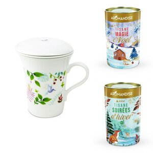 Tisanière fleurie porcelaine 250 ml + Tisanes Soirées d'Hiver et Magie de Noël