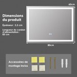 Miroir de salle de bain led 80 x 60 cm avec 3 eclairages interrupteur tactile et fonction anti-buée 20_0005042