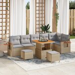 Ensemble de sofa de jardin 9 pièces avec coussins beige poly rotin acacia