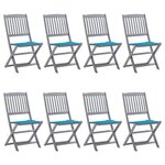 vidaXL Chaises pliables d'extérieur lot de 8 et coussins Bois d'acacia
