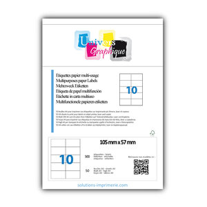 Lot de 50 planches a4 de 10 étiquettes à bords vifs 105 x 57 mm en papier blanc 70g/m² multifonction