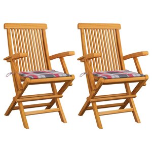 vidaXL Chaises de jardin lot de 2 avec coussins à carreaux rouge Teck