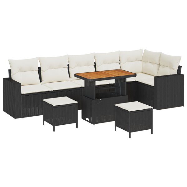 Ensemble de 9 pièces de canapé de jardin avec coussins noir poly rotin acacia