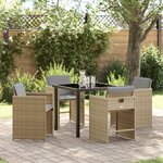 Ensemble de Salle à Manger de Jardin 5 Pièces avec Coussins Beige Poly Rattan