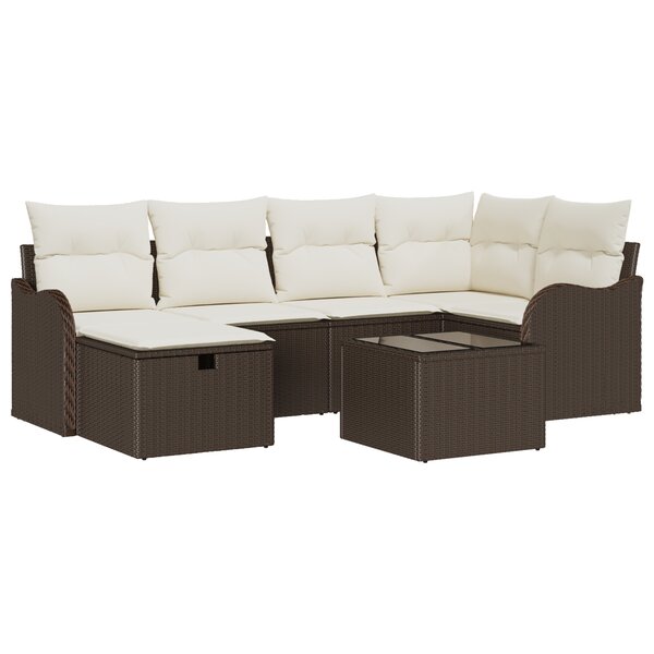 Ensemble de Canapé de Jardin 7 Pièces avec Coussins Marron en Rattan Poly