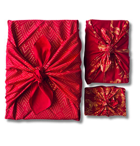 Lot de 3 Furoshikis Amour Rouge Coquelicot – Emballage Cadeau Réutilisable Coton Recyclé – Pack Famille 3-en-1