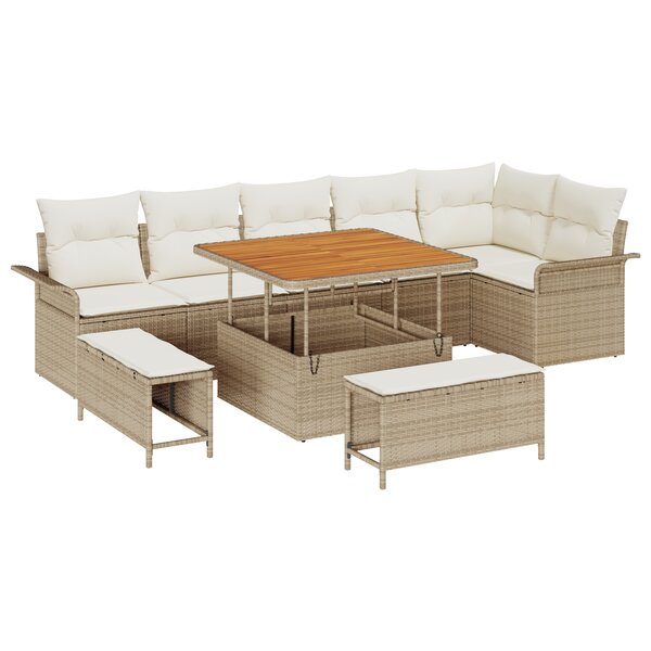 Ensemble de canapé de jardin de 9 pièces avec coussins beige en poly rotin acacia