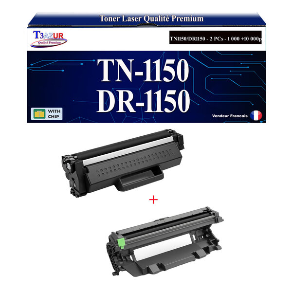 T3AZUR - Lot de 2 Toners compatibles avec Brother DCP-L1640W  DCP-L1642W  DCP-L1642WXL  DCP-L1660W remplace Brother TN1150 Noir - 1 000 pages