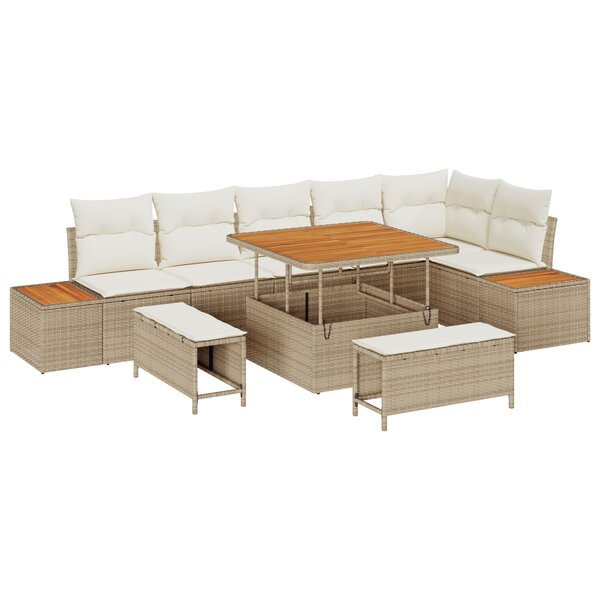 vidaXL Ensemble de canapé de jardin 9 pièces avec coussins beige poly rattan acacia