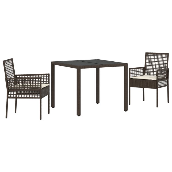 Ensemble de salle à manger de jardin 3 pièces avec coussins en poly rotin brun