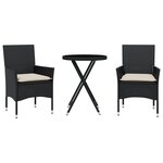 vidaXL Ensemble de bistro avec coussins 3Pièces noir résine tressée verre