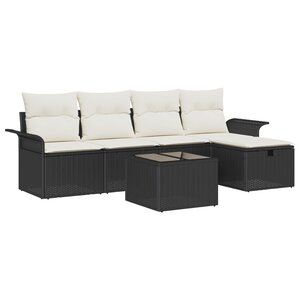 Set de canapé de jardin 6 pièces avec coussins noir poly rotin