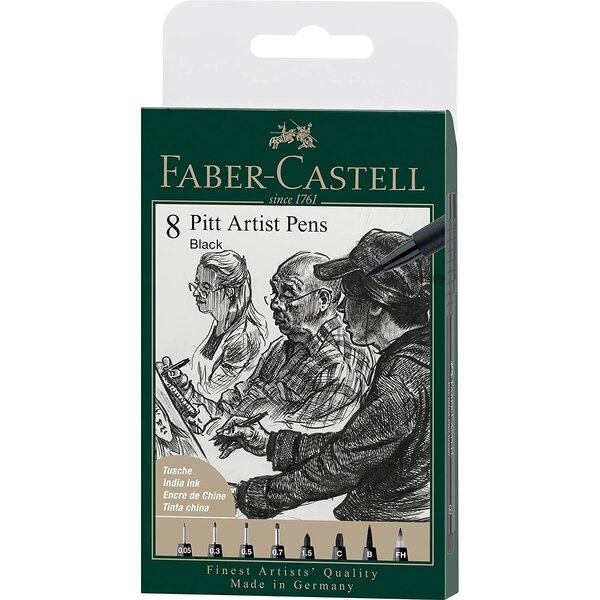 Feutre pitt artist pen  boîte de 8  couleur 199 noir  xxs/s/f/m/b/c/1.5/fh faber-castell