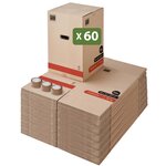Pack and Move - Lot 60 Cartons Déménagement Premium - 40 X 40 X 60 Cm - Extrême Résistance 30 KG - Réutilisables - Double Épaisseur - Poignées Renforcées - 3 Adhésifs Offerts