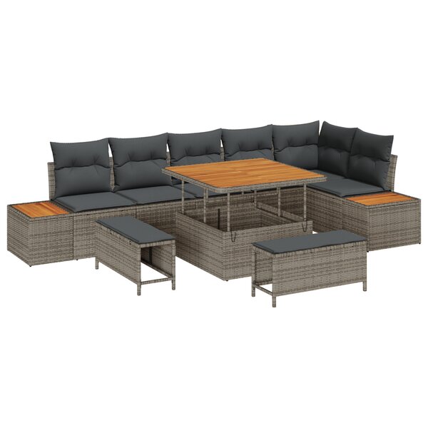 Ensemble de Canapés de Jardin 9 Pièces avec Coussins Gris Rattan Poly Acacia