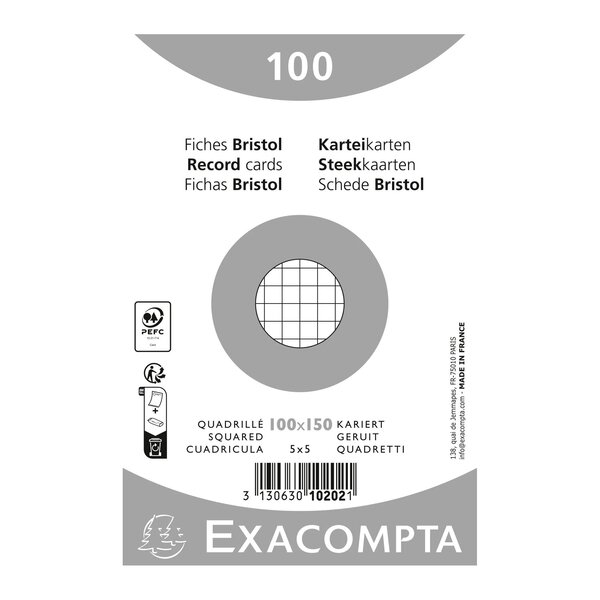 Paquet 100 Fiches Sous Film - Bristol Quadrillé 5x5 Non Perforé - 100x150mm - Blanc - X 20 - Exacompta
