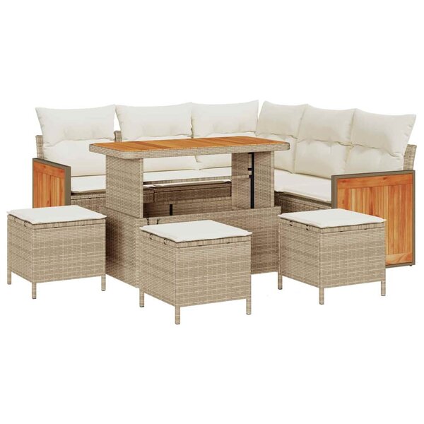 Ensemble de canapé de jardin 9 pièces avec coussins Beige Poly Rattan Acacia