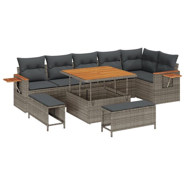 Ensemble de canapés de jardin 9 pièces avec coussins gris poly rattan acacia