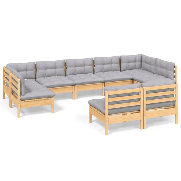 vidaXL Salon de jardin 9 Pièces avec coussins gris bois de pin massif