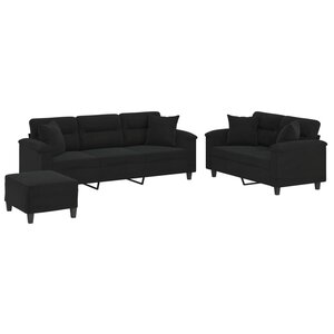 vidaXL Ensemble de canapés 3 Pièces avec coussins Noir Tissu microfibre