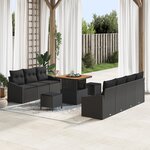 Ensemble de canapé de jardin 10 pièces avec coussins noir poly rotin acacia
