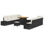 Canapé de jardin 11 pièces avec coussins noirs en poly rotin et acacia