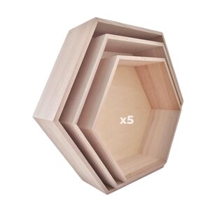 5 blocs de 3 étagères hexagonales en bois