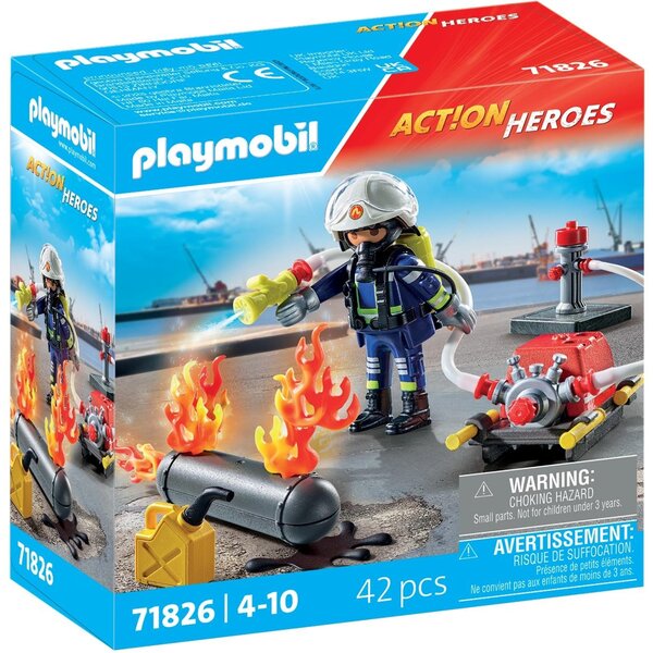 PLAYMOBIL 71826 - Action Heroes Pompier avec pompe à eau et réservoir enflammé