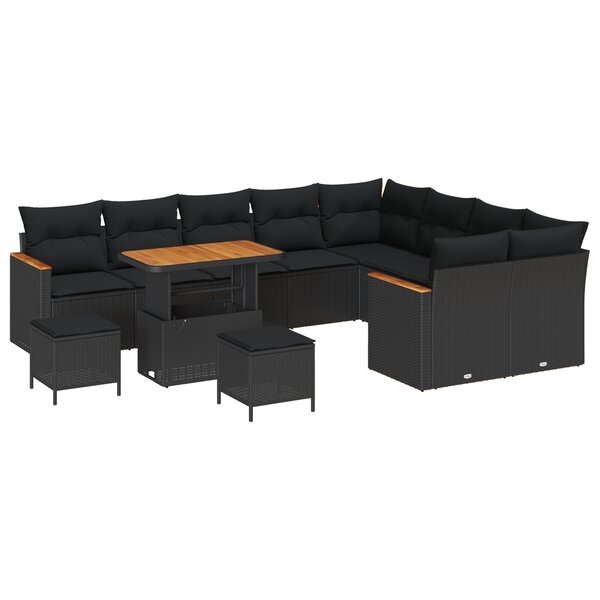 Ensemble de 12 Pièces de Canapés de Jardin avec Coussins Noir Rattan Poly Acacia