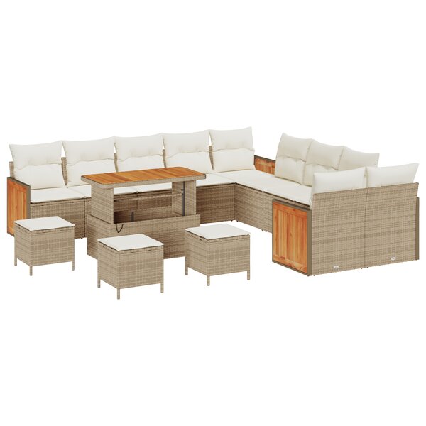 Ensemble 14 pièces de sofa de jardin avec coussins beige en poly rattan acacia