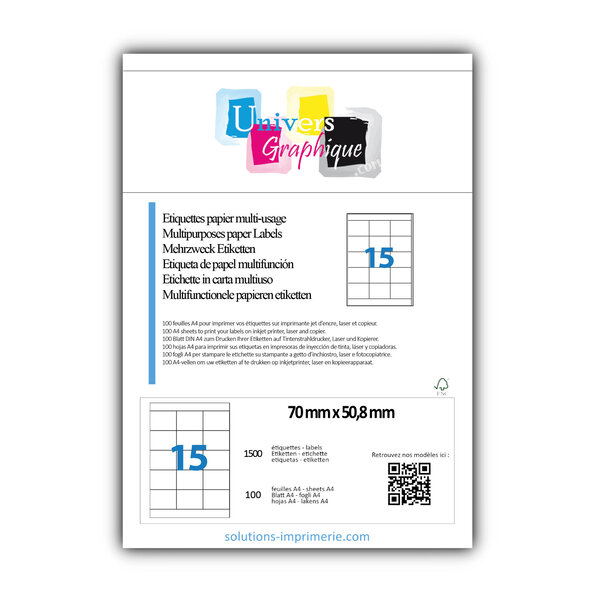 Lot de 100 planches a4 de 15 étiquettes à bords vifs 70 x 50 8 mm en papier blanc 70g/m² multifonction
