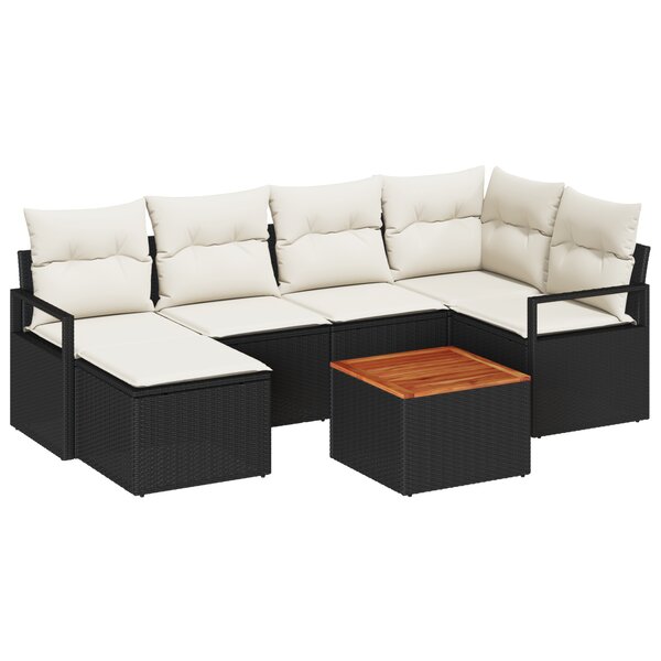 Ensemble de Canapés de Jardin de 7 Pièces avec Coussins Noir Poly Rattan Acacia