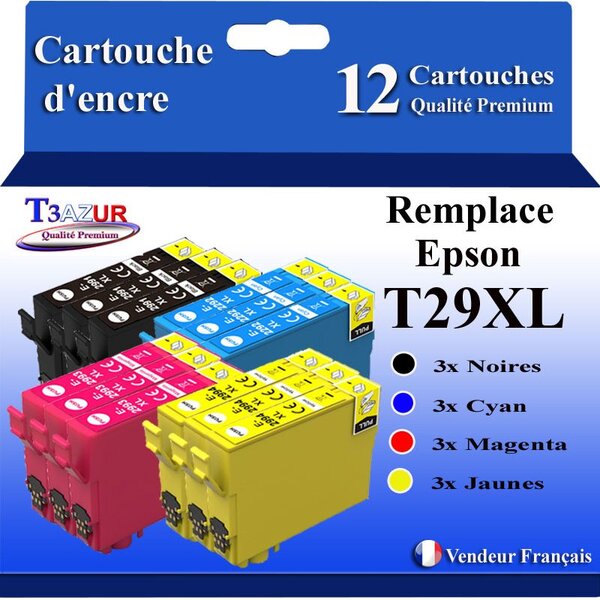 T3AZUR-12x Cartouches Compatibles Epson T2991  T2992 T2993 T2994 T29XL 29 XL(série Fraise)