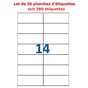 Lot de 20 Planches étiquettes autocollantes blanches sur feuille A4 : 105 x 42 3 mm (14 étiquettes)