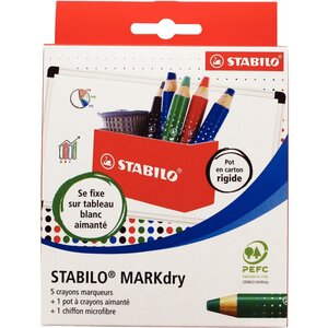 Pot aimanté 5 crayons Markdry + 1 chiffonnette