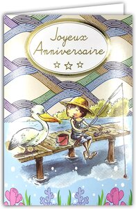 Carte Joyeux Anniversaire Doré Petit Garçon Pêcheur Enveloppe Blanche 12x17 5cm