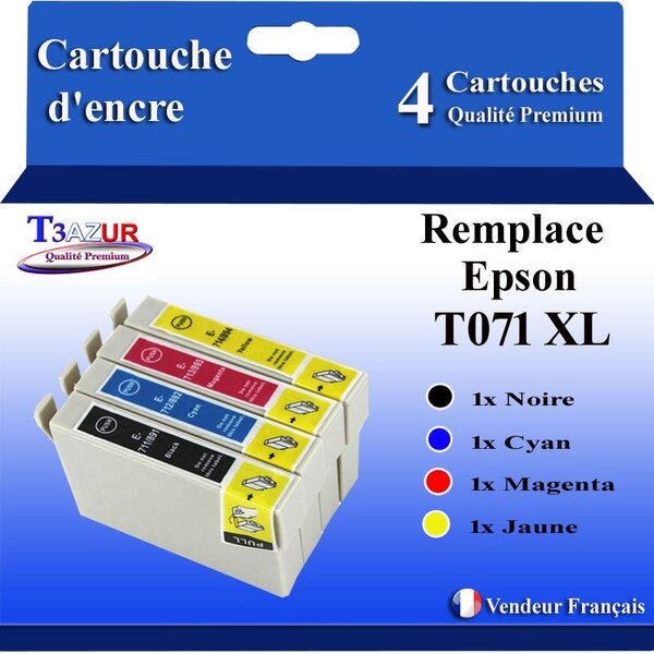 T3AZUR- 4x Cartouches Compatibles avec Epson T0711 remplace Epson Stylus 7DX7000F DX7400 DX7450 DX8400 DX8450 DX9400 DX9400F