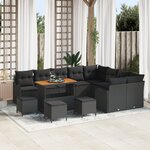 Ensemble de 13 canapés de jardin avec coussins noirs en poly rotin acacia