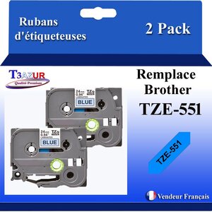 2x Rubans d'étiqueteuses compatibles avec Brother Tze551  Tze-551 pour étiqueteuses P-touch - Texte noir sur fond bleu - T3AZUR