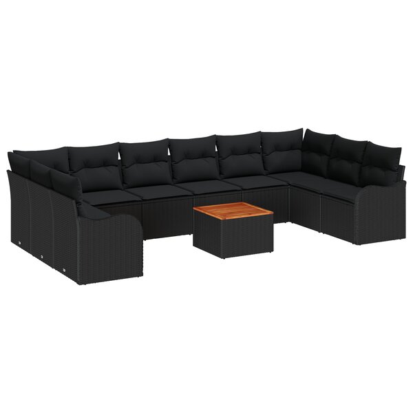Canapé de jardin 10 pièces avec coussins en poly rotin noir
