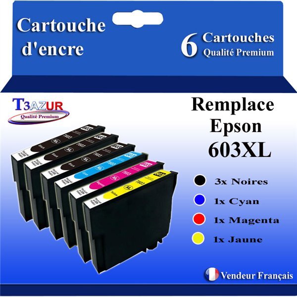 T3AZUR - 6 Cartouches Compatibles avec Epson 603 603XL Noire pour Epson WorkForce WF-2820DWF  WF-2830DWF  WF-2840DWF  WF-2850DWF  WF-2870DWF  WF2835-DWF