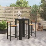 vidaXL Ensemble de bar jardin 3 Pièces noir poly rotin/bois massif acacia