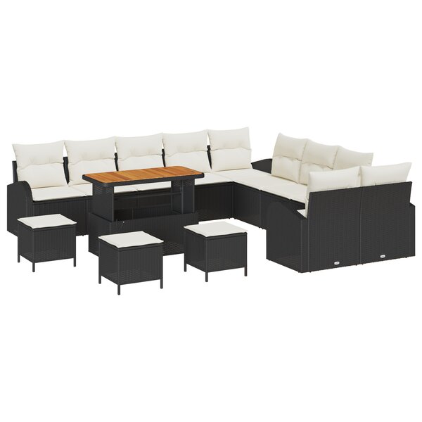 Ensemble de canapé de jardin 14 pièces avec coussins Noir Poly Rotin Acacia