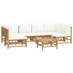 Salon de jardin meuble d'extérieur ensemble de mobilier 7 pièces avec coussins blanc crème bambou 02_0017086