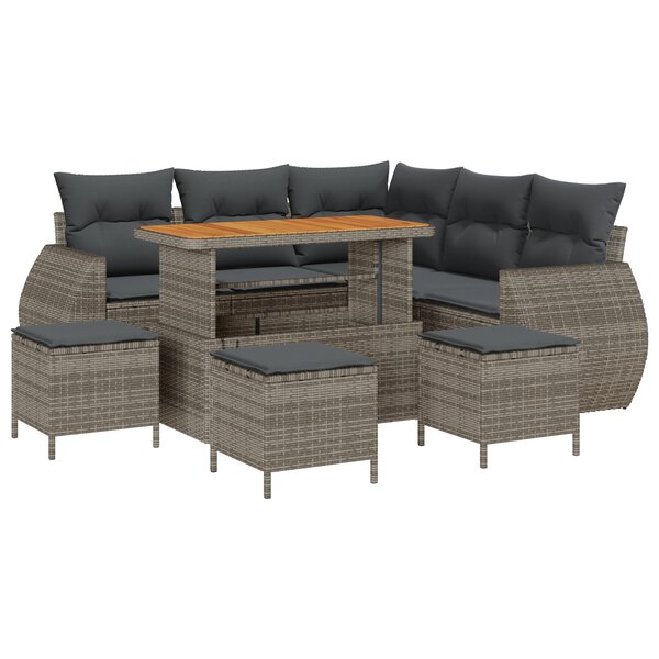Ensemble de Canapé de Jardin 9 pièces avec Coussins Gris Poly Rattan Acacia