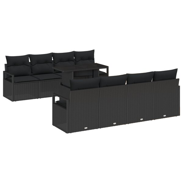 Ensemble de Canapé de Jardin 9 Pièces avec Coussins Noir en Rattan Poly