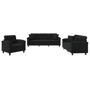 vidaXL Ensemble de canapés 3 Pièces avec coussins Noir Tissu microfibre